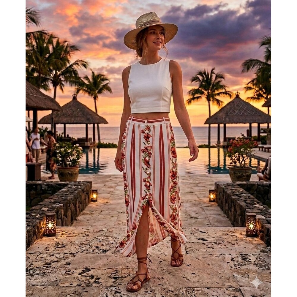 NWT Forever 21 Boho Maxi Button Front Striped Floral Maxi Skirt Sz M 100% Rayon